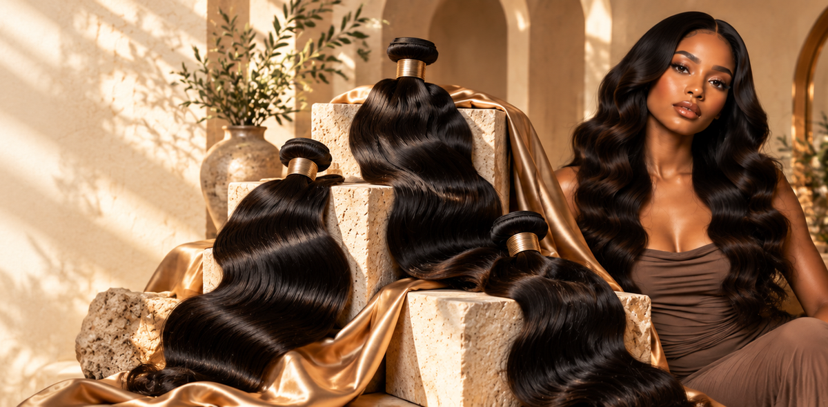 Raw body wave hair bundles styled on stone with gold silk